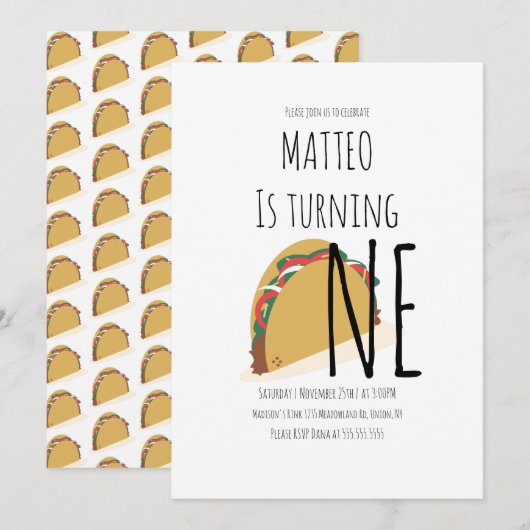 Moderne Taco Eerste Verjaardag Uitnodiging Eén Pat (Voorkant / Achterkant)