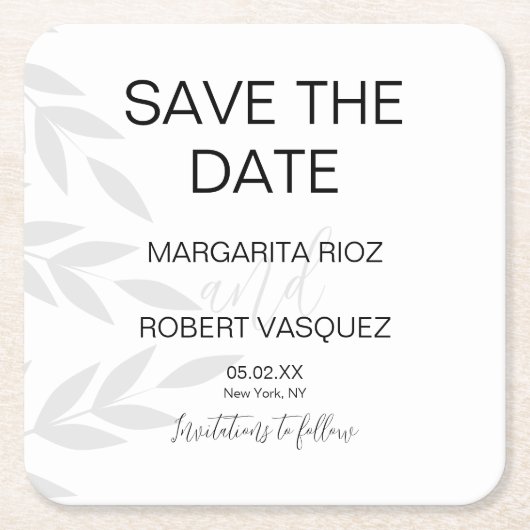 Moderne Tak Grijze Witte Script Save the Date Uitn Kartonnen Onderzetters (Voorkant)