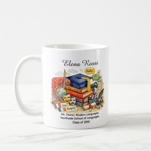🎓Moderne Talen AFS Grad Naam & Graad Koffiemok (Links)