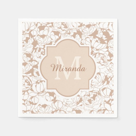 Moderne Tan Bloemige Dames Monogram Met Naam Servet (Voorkant)
