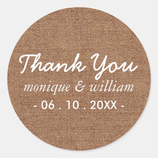Moderne Tan Faux Burlap Cursive Dank u bruiloft Ronde Sticker (Voorkant)