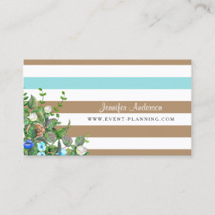 Moderne Tan Floral Aqua Stripe Event Planner Visitekaartje