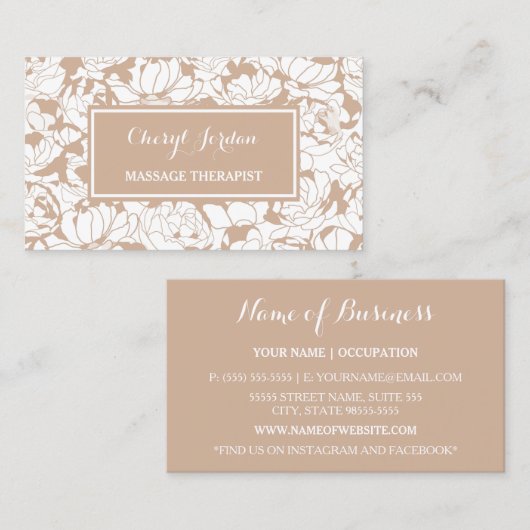 Moderne Tan Floral Girly Massage Therapeut Visitekaartje (Voorkant / Achterkant)