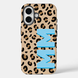 Moderne Tan Luipaardprint Blauwe Schaduw Monogram  iPhone 16 Hoesje