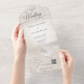 Moderne Tan Marble Minimal QR Code All In One Uitnodiging (Afscheurbaar)
