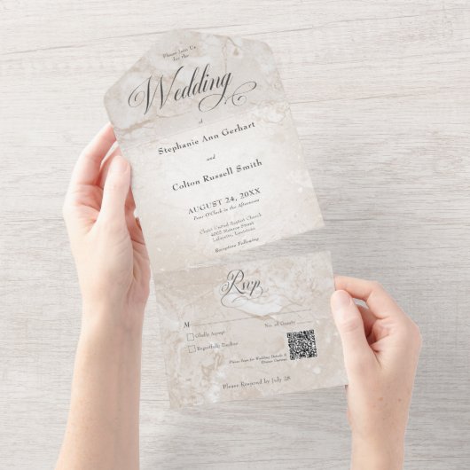 Moderne Tan Marble Minimal QR Code All In One Uitnodiging (Afscheurbaar)