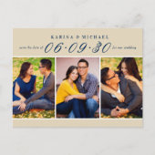 Moderne Tan Navy Foto Collage Save the Date Aankondigingskaart (Voorkant)