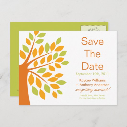 Moderne Tangerine Tree Save the Date POST KAART! Aankondigingskaart (Voorkant / Achterkant)