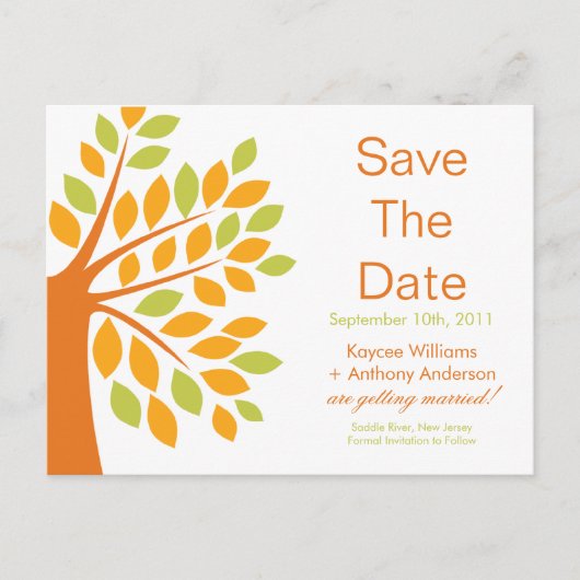 Moderne Tangerine Tree Save the Date POST KAART! Aankondigingskaart (Voorkant)