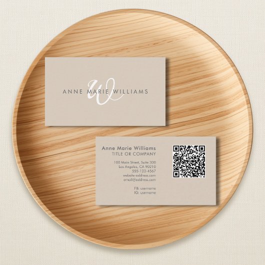 Moderne Tannige Witte Script Monogram QR Code Visitekaartje