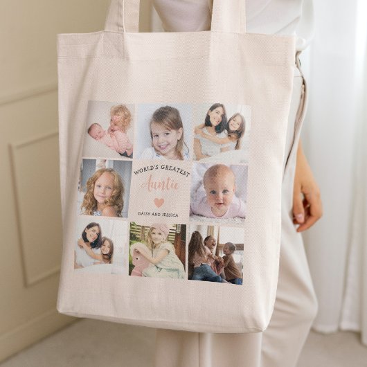 Moderne tante aangepaste fotocollage roze hart tote bag