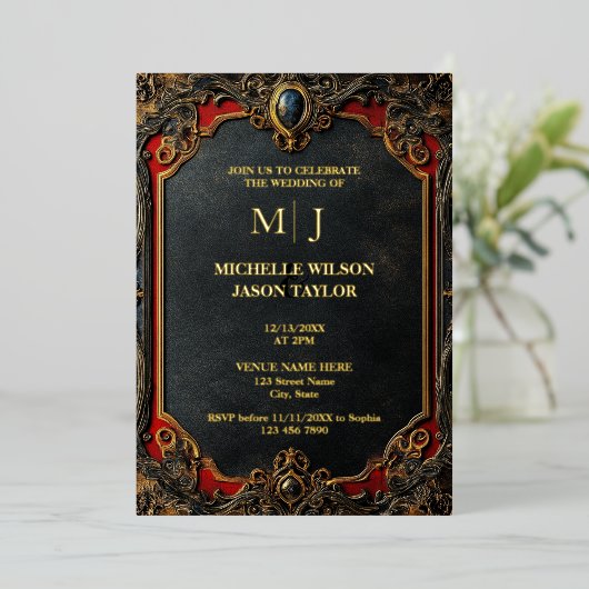 Moderne Tarot Gotische Zwart en Goud Monogram Folie Uitnodiging (Staand Voorkant)