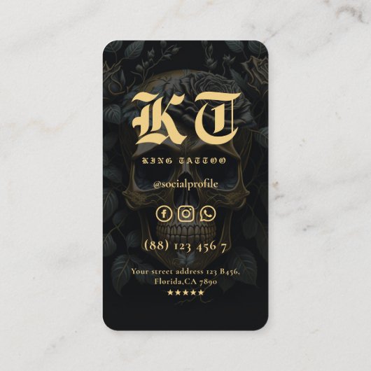 Moderne Tattoo artiest Floral Skull Gold Gothic Visitekaartje (Achterkant)