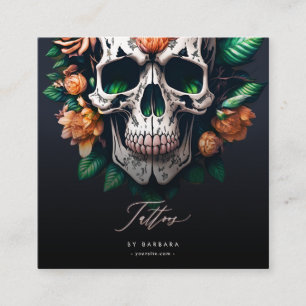 Moderne Tattoo artiest Red Roses Skull Green Vierkante Visitekaartje