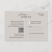Moderne taupe bruiloft RSVP kaart met QR code (Voorkant)