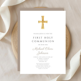 Moderne Taupe Cross Boy Heilige Communie Kaart