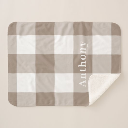 Moderne Taupe Gingham Patroon Monogram Naam Sherpa Deken (Voorkant (horizontaal))