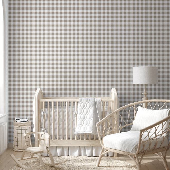Moderne Taupe Gingham Ruiten Behang (Kinderen)