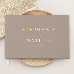 Moderne Taupe Minimalistische Gold Foil Wedding Gastenboek