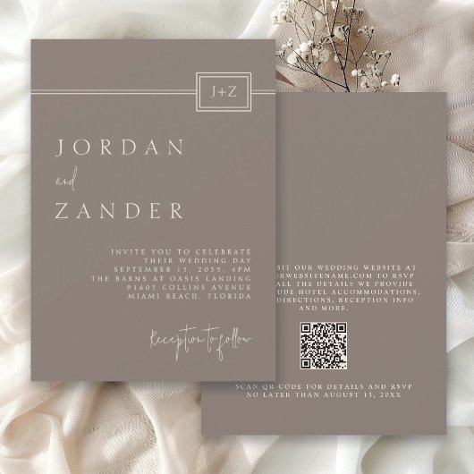 Moderne Taupe Minimalistische Monogram Wedding QR- Kaart
