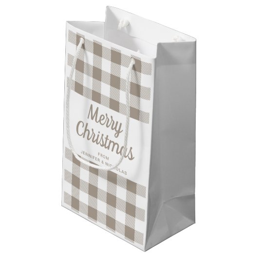 Moderne Taupe Plaid Vrolijk Kerstfeest Klein Cadeauzakje (Achterkant Gekanteld)