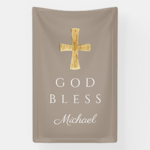 Moderne Taupe Religieus Kruis God Zegen Spandoek