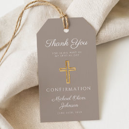 Moderne Taupe Religieus Kruis Jongensbevestiging Cadeaulabel