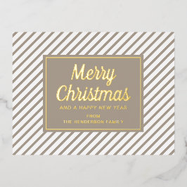 Moderne Taupe Stripes Vrolijk Kerstgoud Folie Feestdagen Briefkaart