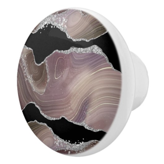 Moderne Taupe & Zwarte Agate Zilveren Glitter Geod Keramische Knop (Rechts)