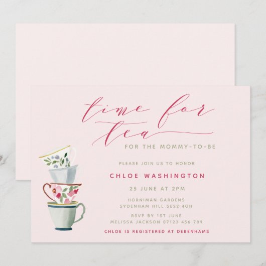 Moderne  Tea Cups Baby shower Tea Party Kaart (Voorkant / Achterkant)