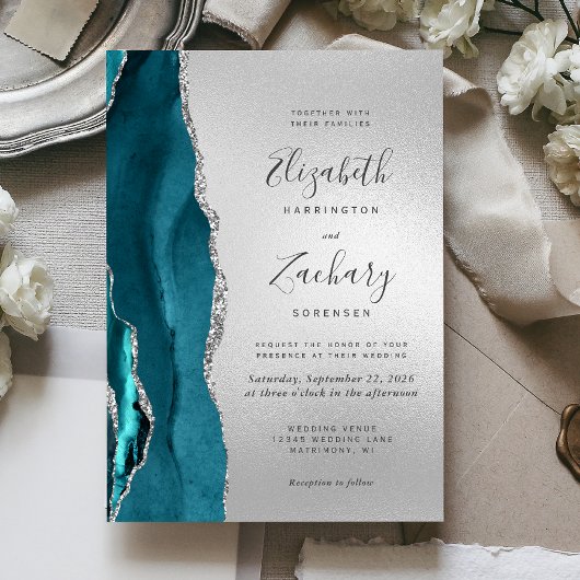 Moderne Teal Agaten Zilveren Bruiloft Kaart