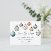 Moderne Teal-Bauble Kerstfeest Save-the-Date Aankondigingskaart (Staand voorkant)