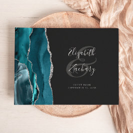 Moderne Teal Blauwe Agaat Zilveren Script Donker Gastenboek