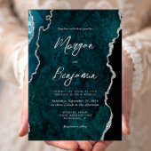 Moderne Teal Blauwe Agate Zilveren Script Bruiloft Kaart