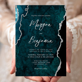 Moderne Teal Blauwe Agate Zilveren Script Bruiloft Kaart