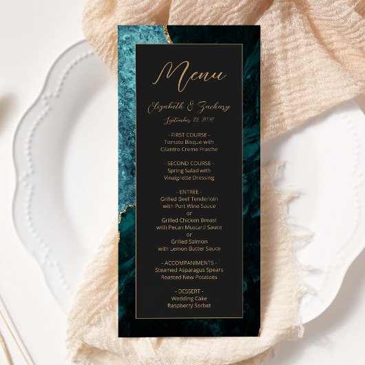 Moderne Teal Blauwe Goud Agaat Donkere Bruiloft Menu