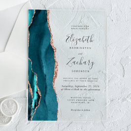 Moderne Teal Blauwe Roze Gouden Agaat Huwelijk Acryl Uitnodigingen