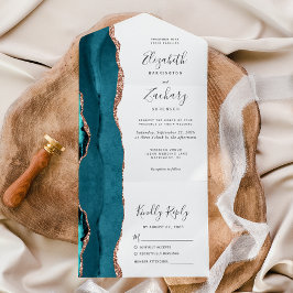 Moderne Teal Blauwe Roze Gouden Agaat Huwelijk All In One Uitnodiging