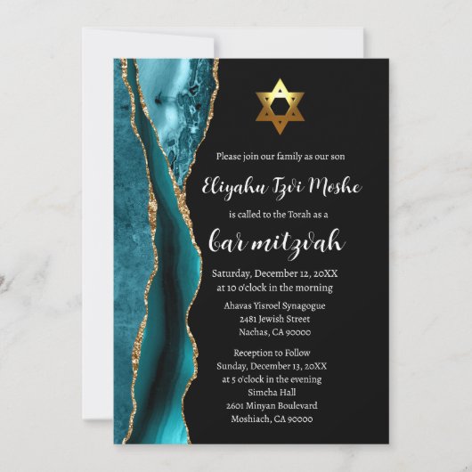 Moderne Teal Blauwe Zwarte en Gouden Bar Mitswa Kaart (Voorkant)