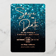 moderne Teal Blue Glitter Save the date bruiloft F
