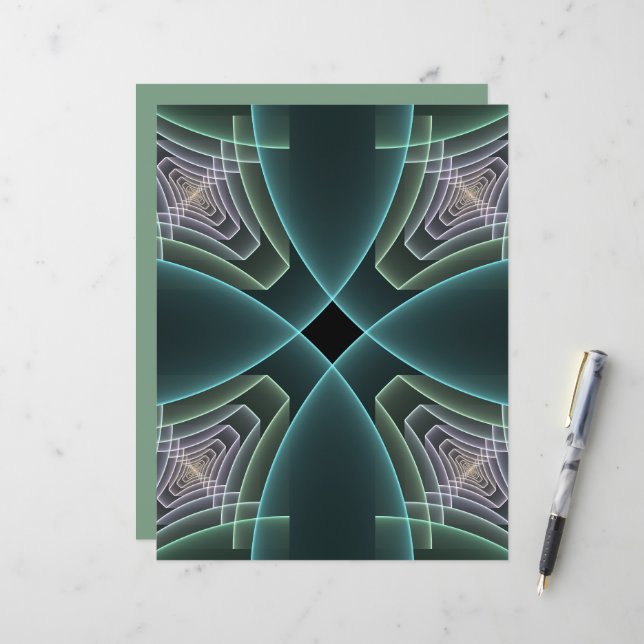 Moderne Teal Geometrische Fractale Kunst Grafisch (Voorkant / Achterkant in situ)