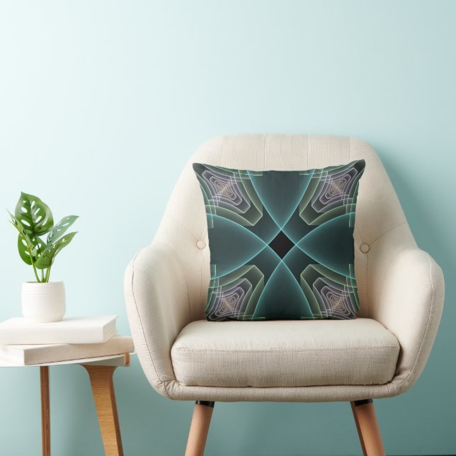 Moderne Teal Geometrische Fractale Kunst Grafisch Kussen (Stoel)
