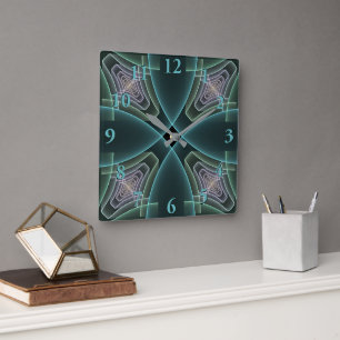 Moderne Teal Geometrische Fractale Kunst Grafisch Vierkante Klok