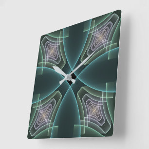 Moderne Teal Geometrische Fractale Kunst Grafisch Vierkante Klok