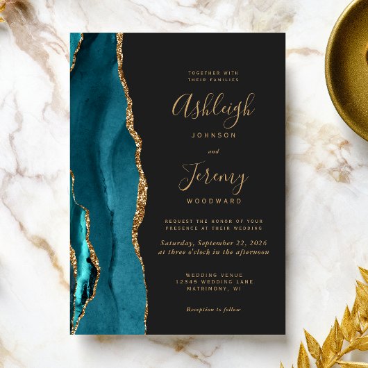 Moderne Teal Goud Agate Donkere Bruiloft Kaart