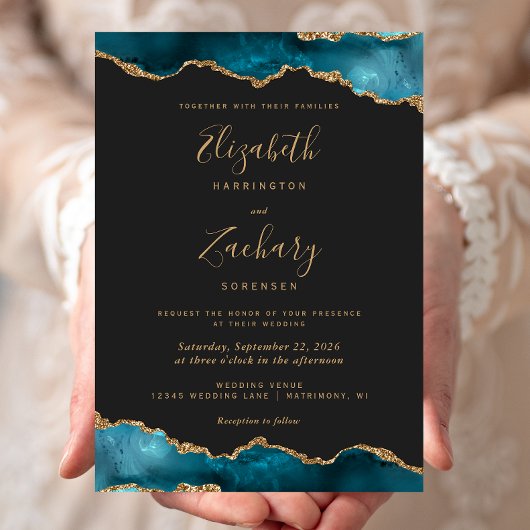 Moderne Teal Goud Agate Donkere Bruiloft Kaart