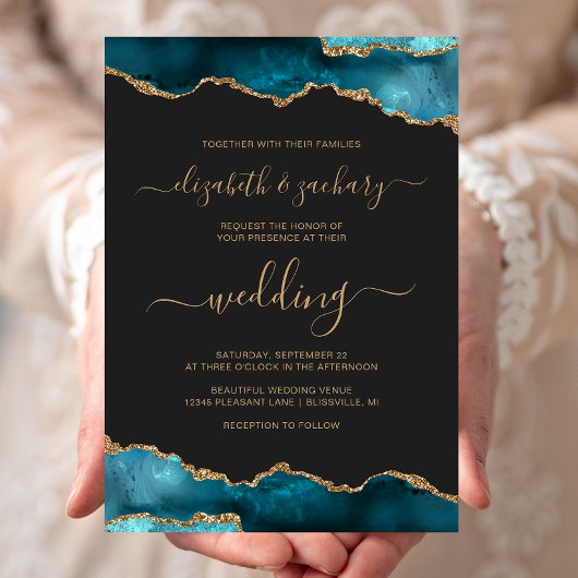 Moderne Teal Goud Agaten Script Donkere Bruiloft Kaart