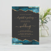Moderne Teal Goud Agaten Script Donkere Bruiloft Kaart (Staand voorkant)