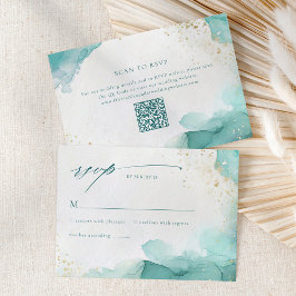 Moderne Teal Gouden Abstracte Strand Bruiloft QR C RSVP Kaartje