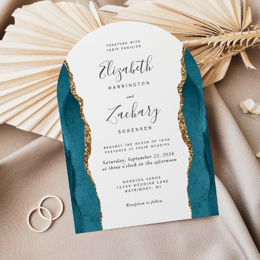 Moderne Teal Gouden Agaat Boog Bruiloft Kaart